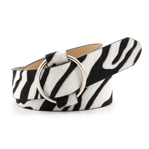 Minimalist zebra print hair-on leather belt for women with elegant silver round buckle