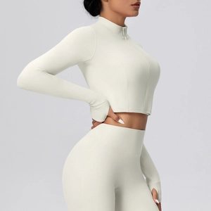 Cremeweiße Yoga-Jacke mit Daumenlöchern und Stehkragen für Fitness und Laufsport