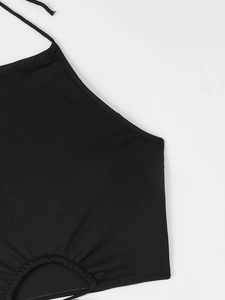 Sexy black ribbed halter bikini top with lace-up detail and backless design for women