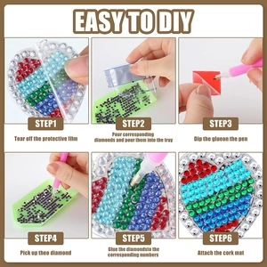 Detailed 6-step tutorial for DIY diamond painting earrings with tools and heart pendants