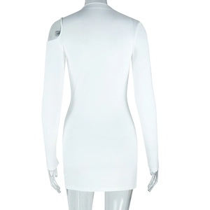 Detail view of the back of a white long-sleeve bodycon dress with cut-out shoulder design