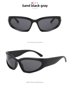 Macro view of matte sand black wraparound sunglasses with streamlined frame and gray lenses
