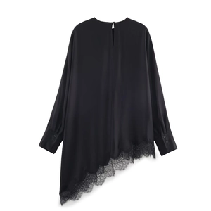 Women's black long sleeve top featuring asymmetrical lace hem and silk-like finish