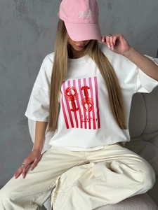 Γυναικείο Βαμβακερό T-Shirt Κοντό Μανίκι Με Σχέδιο Αστακού Στρογγυλή Λαιμόκοψη Χαλαρή Εφαρμογή Oversized Καλοκαιρινή Μόδα Λευκό