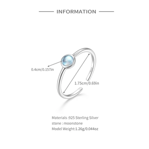 Detailed S925 sterling silver ring specifications with moonstone size and dimensions