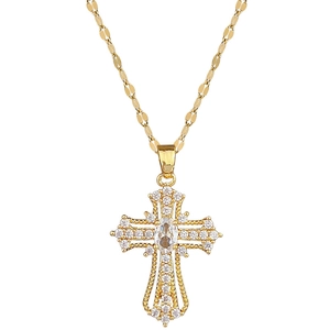 Elegant gold titanium cross necklace with dazzling crystals and oval centerpiece