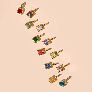 18K gold plated necklace pendants with square colorful zircon birthstones in various hues