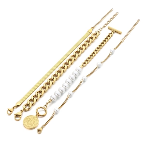 4pcs gold stacking bracelet set with Cuban link, snake chain, pearls and coin pendant