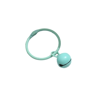 Light blue painted metal keychain ring with bell accessory on white background