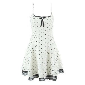 Women Polka Dot Mini Dress Lace Patchwork Spaghetti Strap Bow French Retro Sweet Sleeveless Vacation