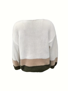 Chic color-block knit sweater with round neck in white, beige, and dark green