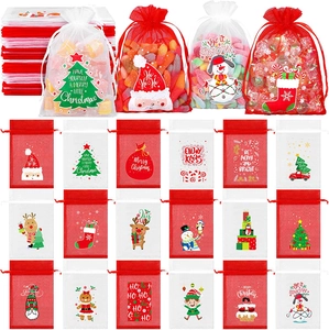 Red and white Christmas organza drawstring gift bags with various festive holiday patterns