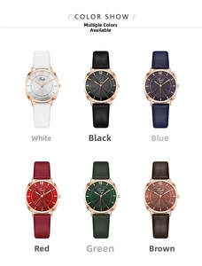 Six colors of women's square quartz watches with leather straps and rose gold cases