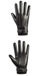 Detail view of black PU leather gloves with knit cuffs and adjustable wrist strap