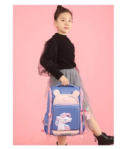 Detailed close-up of a blue and pink school bag with 3D unicorn design and top handle