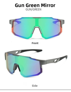 Close-up of gunmetal frame sports sunglasses with green gradient reflective lenses