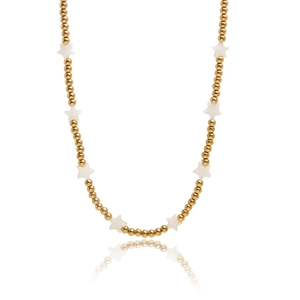 Elegant beaded necklace featuring golden round beads and white shell star charms for women