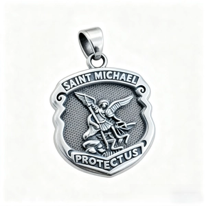 Macro detail of silver Saint Michael shield pendant with Saint Michael Protect Us engraving