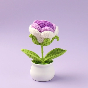 Handmade crochet potted rose in white ceramic pot with purple and white knitted flowers