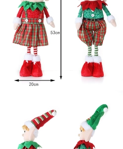 Detailed view of red and green plush Christmas elf doll showing 53cm height measurements