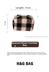 Detailed view of plaid cosmetic bag dimensions with 12oz canvas lining and top zipper
