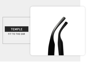 Macro view of ergonomic curved temple tips on black oversized square sunglasses