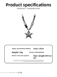 Spécifications du collier avec pendentif étoile montrant les dimensions et l'hématite