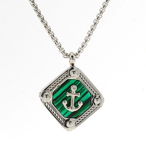 Retro punk style stainless steel anchor pendant necklace with green malachite stone inlay