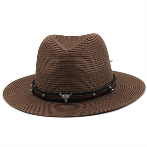 Dark brown straw fedora hat with Western leather band and bull skull metal buckle decoration