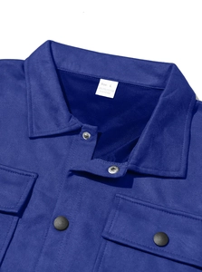 Detail of blue suede-style jacket neckline showing high-quality stitching and L size label
