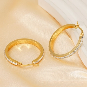 18k gold plated titanium steel hoop earrings with sparkling rhinestones on champagne silk