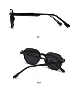 Side and back view of black hexagonal polarized sunglasses showing frame structure