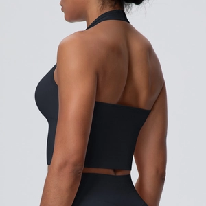 Detailed back view of a black high-impact halter sports bra with racerback design
