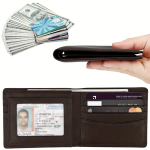 Detail of dark brown leather wallet showing multiple card slots and cash compartment