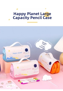 Detail of multi-color astronaut pencil case showing large capacity and handle