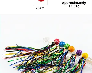 Close-up of a 2.5cm colorful tinsel cat ball toy with shiny metallic tassels on a stand