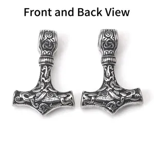 Front and back view of Viking Thor's Hammer pendant in vintage stainless steel