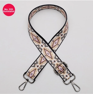 Close-up of ethnic geometric pattern fabric strap with gunmetal swivel hooks and buckle