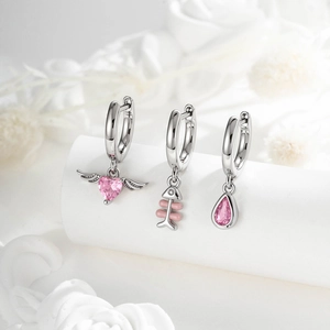 Pink Heart Wings Fishbone Teardrop Dangle Hoop Earrings Women Silver Tone Copper Pink Zircon Sweet Piercing Jewelry