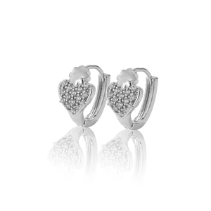 Elegant heart-shaped silver earrings with sparkling zircon stones and floral accents