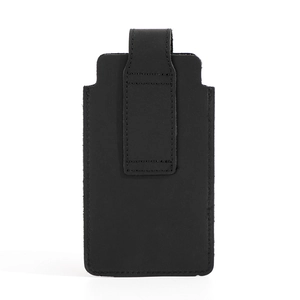 Close-up of black crazy horse leather mobile phone waist bag with vertical strap design