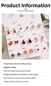 Close-up of nine pairs of Christmas alloy studs including reindeer and snowflake motifs