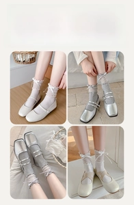 Close-up of lolita lace ruffle socks with satin bow detail and silver Mary Jane shoes
