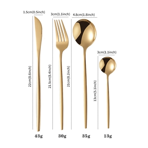 Golden 24-piece cutlery set including knife fork and spoons with dimensions and weight