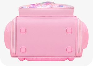 Close-up of pink school bag bottom with wear-resistant studs and breathable mesh back