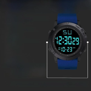 Detailed spec sheet showing 50mm digital sports watch features and resin case material
