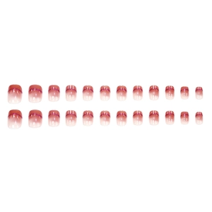 Pink gradient press-on nails with purple glitter lines in short square-oval shape