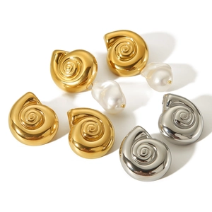Baroque pearl conch earrings in gold and silver finishes, 18k gold plated titanium steel