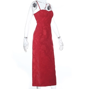 Detail of red bodycon dress with jacquard texture and elegant sweetheart neckline