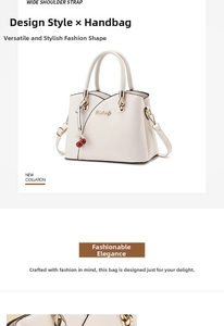 Detail showing the cream handbag's wide shoulder strap and gold cherry charm detail
